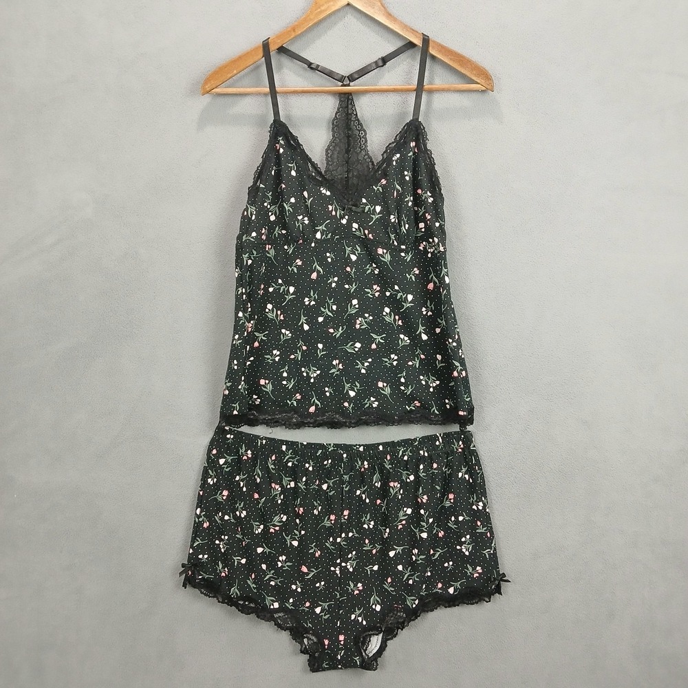 Marilyn Monroe 2 Piece Pajama Cami Top & Shorts Women's L Black Floral Lace Trim